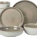 Gibson Elite Sunveil 16 Piece (Service for 4) Plates and Bowls Reactive Glaze Round Dishes Stoneware Ceramic Dinnerware Set -Taupe