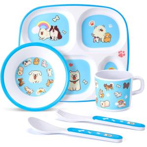 5-Piece Kids Melamine Dinnerware Set  Plate, Bowl, Cup, Fork & Spoon  BPA-Free, Durable & Lightweight Cartoon Set for Toddlers (Puppy Band)