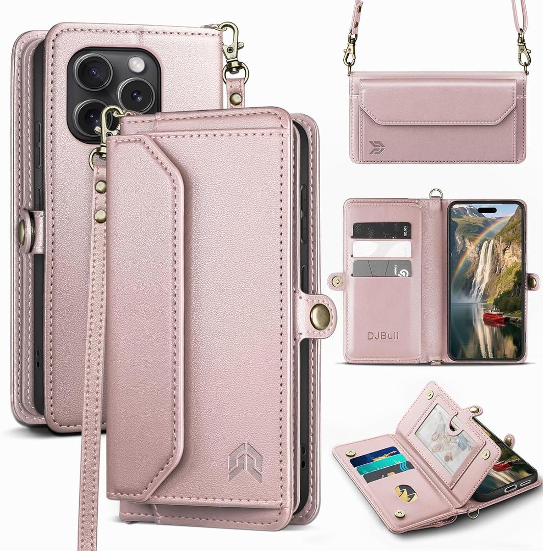 DJBull for iPhone 16 Pro Max 6.9" Wallet Case with Card Holder, Shoulder and Wristlet Straps, Soft PU Leather, Magnetic Snap, Flip Phone Case for Women Men for Apple 16 Pro Max Rose Gold