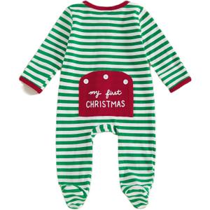 Seyurigaoka Newborn Baby Boy Girl Christmas Outfit My First Christmas Footed Romper Jumpsuit Gender Neutral Baby Clothes (0-3 Months, Green Striped)