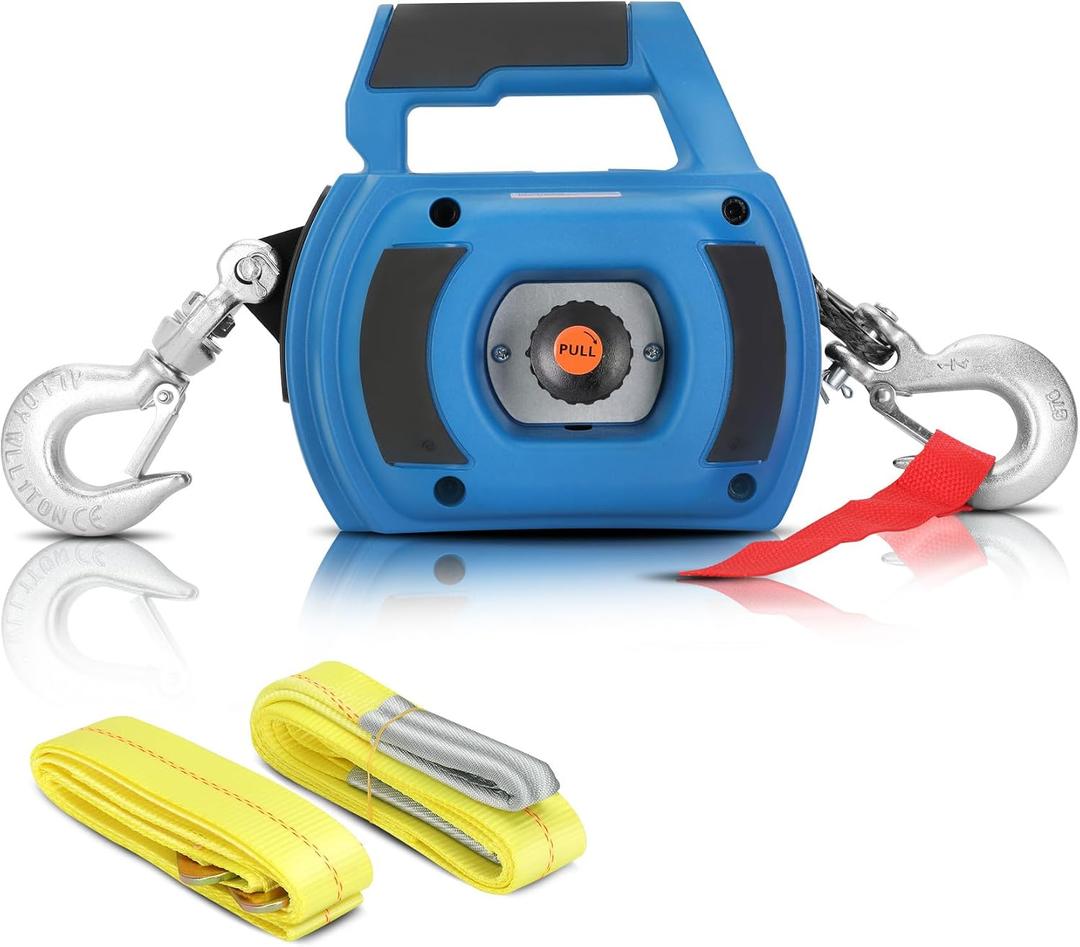 Portable Drill Winch of 1500 LB, Blue Handheld Drill Winch with 40 Foot Synthetic Rope, Rotate The Hook 360 Degrees, for Lifting & Dragging (Down Strap with D Rings)