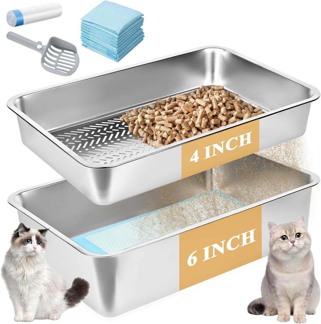 23.6''x15.7''x6'' Stainless Steel Sifting Litter Box, XL Large Metal Sifting Cat Litter Box for Pine Pellets, Litter Pan Tray System for Indoor Cats with Scoop and Pee Pad, Easy to Clean(6 Inch)