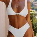 geluboao Bikini Set for Women Solid V Neck Knot Front Push Up High Leg Thong Two Piece Swimsuit, Medium