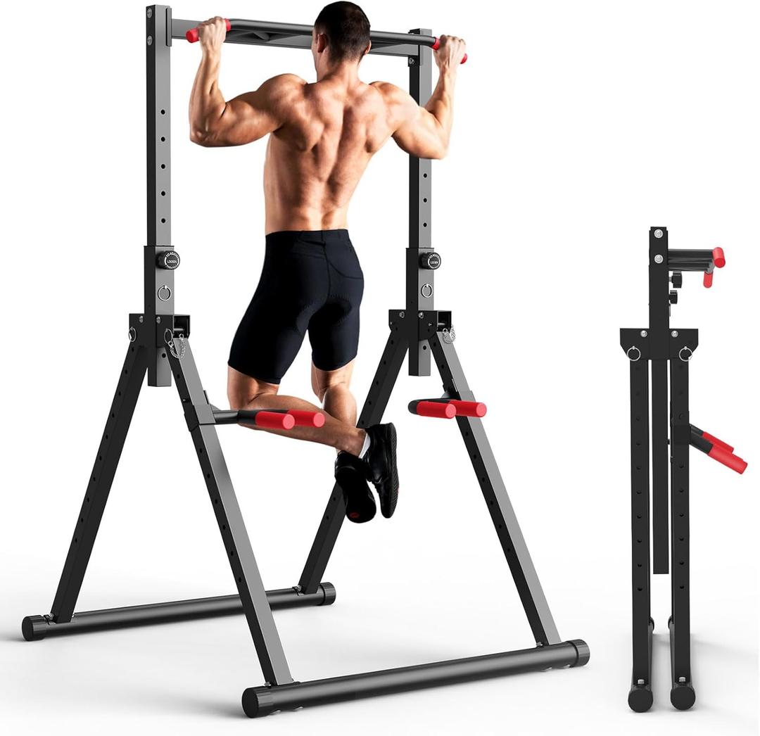 SERTT Foldable Power Tower Dip Station for Pull Ups, Dips & Push Ups, Upgraded Free Standing Pull Up Bar Station, Multi-function Workout Equipment for Home Gym Strength Training, Support 440LBS (Black)