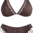 ZAFUL Women's Halter Triangle Bikini Set Crochet Boho Floral Swimsuit Cut Out Tie Side Two Piece Bathing Suit (Brown, M)