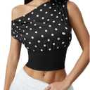 GORGLITTER Women's Polka Dots One Shoulder Y2k Crop Tops Asymmetrical Neck Short Sleeve T Shirt (S)