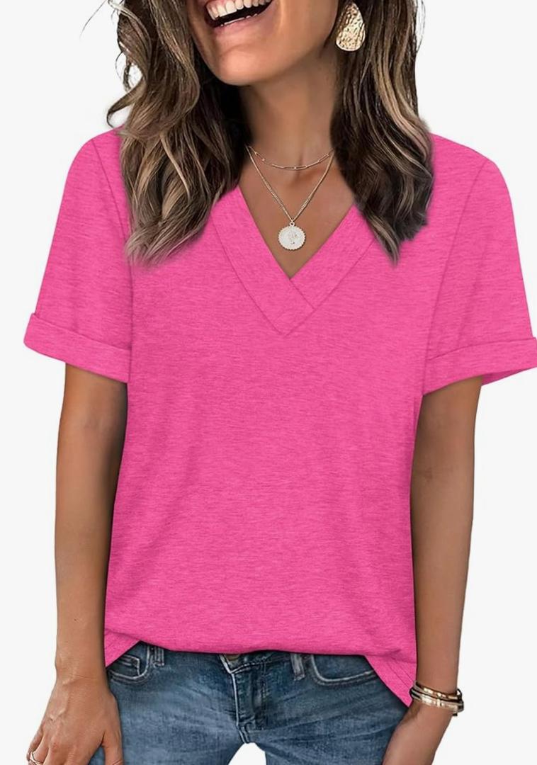 WIHOLL Womens Summer Tops Short Sleeve Basic Casual V Neck T Shirts Trendy Fashion 2026, Size: XL