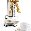 Lareina 3-Ounce Espresso Cups with Saucers, Spoons and Metal Stand, Small Stackable Coffee Cups Set of 4, Ceramic Demitasse Mugs, Gift for Housewarming or Wedding, White