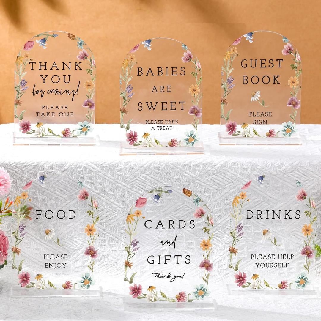 Thyle 6 Pcs Wildflowers Baby in Bloom Acrylic Baby Shower Table Decorations Sign Thank You Sign Centerpieces with Stand 8 x 10" Wedding Birthday Party Decorations for Guests Gifts