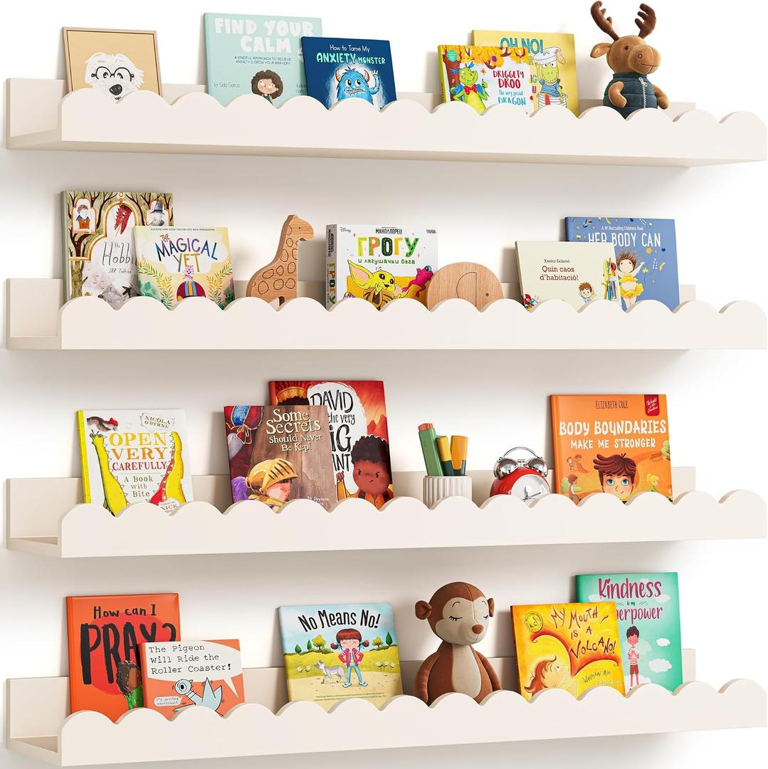 Seocry Scalloped Wall Bookshelves for Nursery, Floating Wooden Book Shelves for Kids Room, White Nursery Shelves for Wall, Baby & Toddler Room Decor, 23 Inches