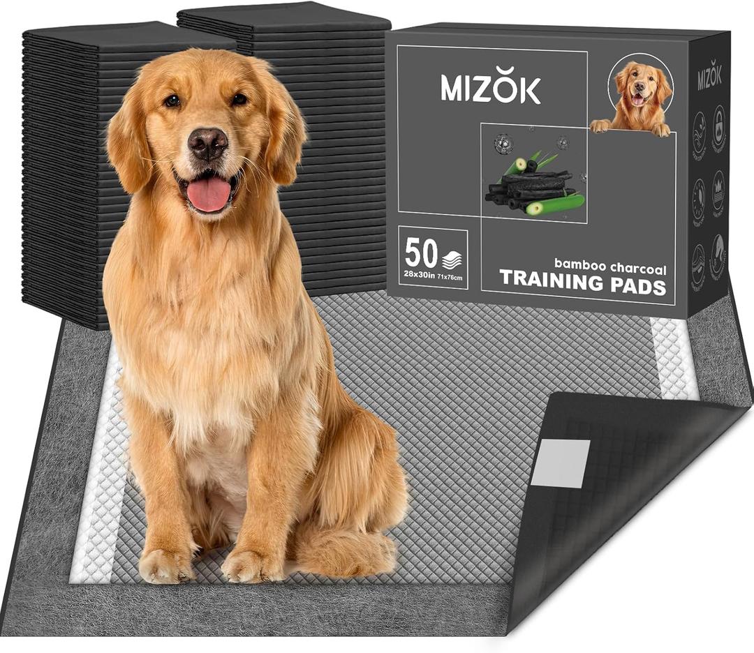 MIZOK Pee Pads for Dogs Charcoal, 28"x30" Large Wee Wee Pads for Dogs, Superior Odor Protection, Super Absorbent & Leak-Proof, Puppy Pads with Adhesive Tabs, Thick & Heavy (50 Counts)