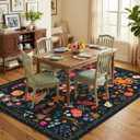 Area Rug for Living Room, 4x6Ft Washable Rug, Floral Low Pile Non-Slip Carpet for Bedroom Office Playroom Entryway Kitchen Dining Room, Black