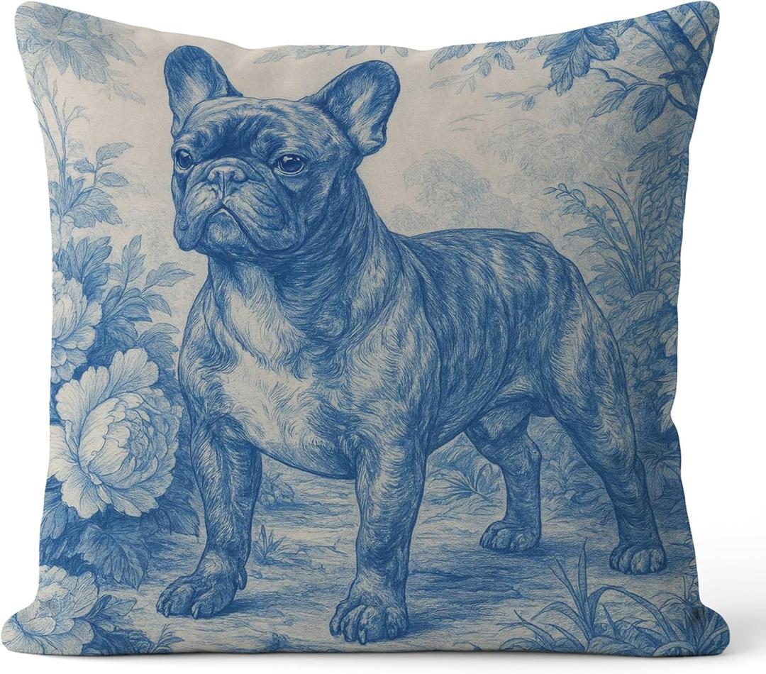 Blue Chinoiserie French Bulldog Pillow Covers 18x18, Frenchie Gifts for Women, French Country Toile de Jouy Frenchie Dog Decorative Throw Pillow Covers for Home Living Room Bedroom (Color-13)