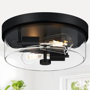 szzgco Flush Mount Ceiling Light Fixtures, 2-Light Black Ceiling Mount for Farmhouse with Clear Glass Lampshade, Industrial Flush Mount Light Fixture for Hallway, Kitchen, Entryway and Foyer