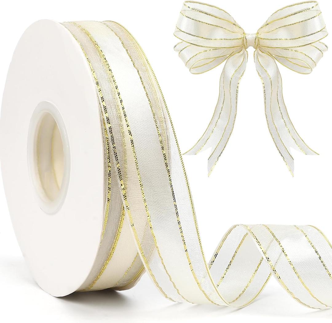 White Organza Ribbon 50 Yards 1 Inch White Organza Gold Edge Sheer Ribbon for Gift Wrapping DIY Craft Christmas Tree Wedding Party Decoration Flower Bouquet Hair Bow Making Christmas Ribbons