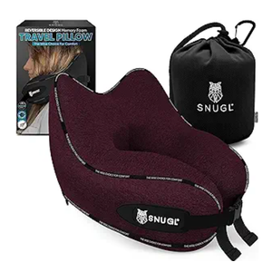SNUGL Travel Pillow Memory Foam Pillows - Neck Pillow for Airplane with Carry Bag & Clip Neck Support Pillows for Pain Relief - Airplane Travel Essentials (Adult Small - Dark Red)