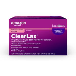 Amazon Basic Care ClearLax Polyethylene Glycol 3350 Powder for Solution, Osmotic Laxative, Softens Stool, Relieves Occasional Constipation, Unflavored, 0.5 Oz (Pack of 100)