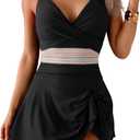 Women One Piece Swimsuit V Neck Swimdress Color Block Bathing Suit Skirt Tummy Control Tie Back Swim Dress (Large, Black)