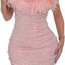 Recious Womens Sexy Spaghetti Strap Feather Pearls Rhinestones Bodycon Party Clubwear Dress S