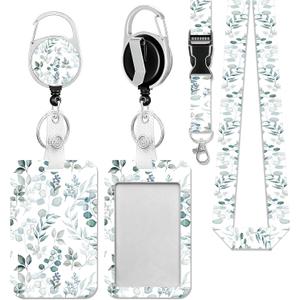 Id Badge Holder with Lanyard,Eucalyptus and Green Leaves Badge Reel Heavy Duty with Retractable Clip,Name Tag for Office Nurse Teacher Student Women Men
