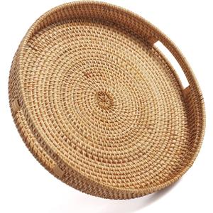 Coffee Table Tray Round Rattan Ottoman Tray Woven Serving Trays with Handles for Home and Kitchen Decorative Natural (Large 14 inch x 2.4 inch)