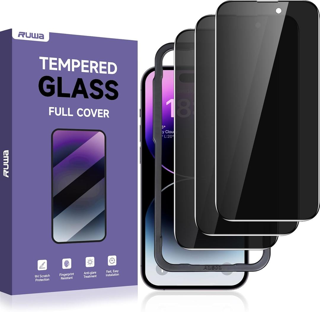 ruwa Privacy Screen Protector for iPhone 14 Pro [3-Pack][6.1 Inch] Anti-Peep Tempered Glass Films with Easy Installation Frame, 9H Hardness, Scratch Resistant, Full Coverage (Only for iPhone 14Pro) (for iPhone 14 Pro-6.1 Inch, Privacy 3-Pack)