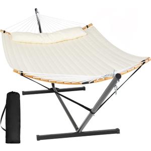 SUNCREAT Hammocks for Outside with Stand Included, Double Hammock with Curved Spreader Bar, Carrying Bag, Beige