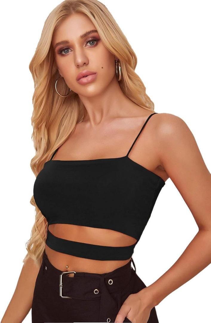 Floerns Women's Summer Spaghetti Strap Sleeveless Sexy Rave Cut Out Cami Crop Top, XS