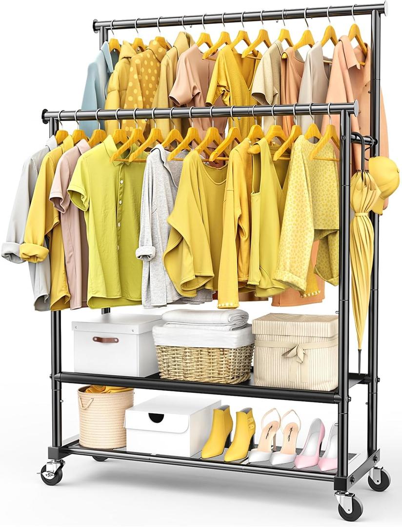 Rolling Clothes Rack with Doule Rod for Hanging, Heavy Duty Metal Garment Rack Load 450 LBS with Lockable Wheel, Free Standng Clothing Rack with 2 Shelves and Side Hooks for Home Commercial, Black
