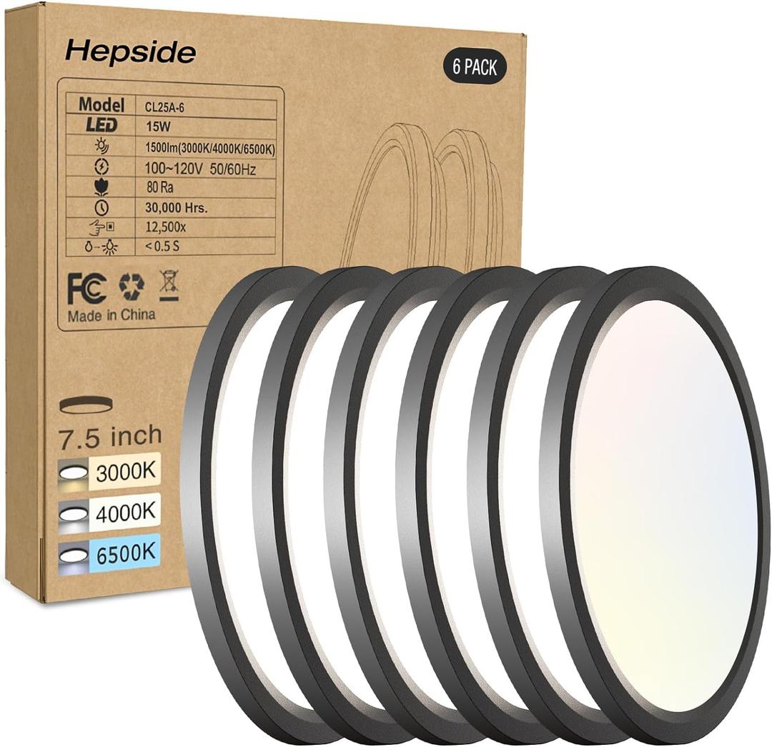 6PACK LED Flush Mount Ceiling Light - 3CCT Selectable 3000K-4000K-6500K & 100W Equivalent Modern Kitchen Recessed Ceiling Lamp 15W 1500Lm 7.5 Inch for Bathroom Closet Laundry Bedroom Hallway (Black)