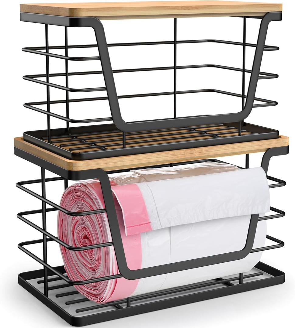 2 Pack Storage Stackable Kitchen Laundry Organizers with Bamboo Top, Wall Mount Large Trash Bag Holder and Standard Garbage Bag Dispenser (Black)