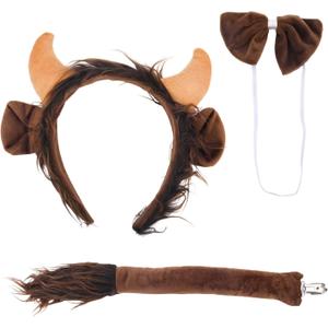 Bull Horns Headband, Bull Ear Headband With Tail Bow Tie Funny Cosplay Party Halloween Ox Costume Accessories Halloween Party Props for Kids Adults (Brown)