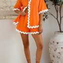 Fixmatti Women Two Piece Summer Sets Short Sleeve Button Down Shirts (Orange, M)