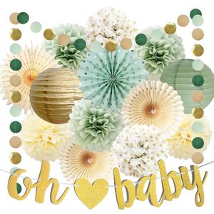 Sage Green Baby Shower Decorations Oh Baby Banner Tissue Paper Pom Poms Flowers Paper Fans Circle Dot Garland Neutral Party Supplies Boy Girl Gender Reveal Birthday Party Decorations