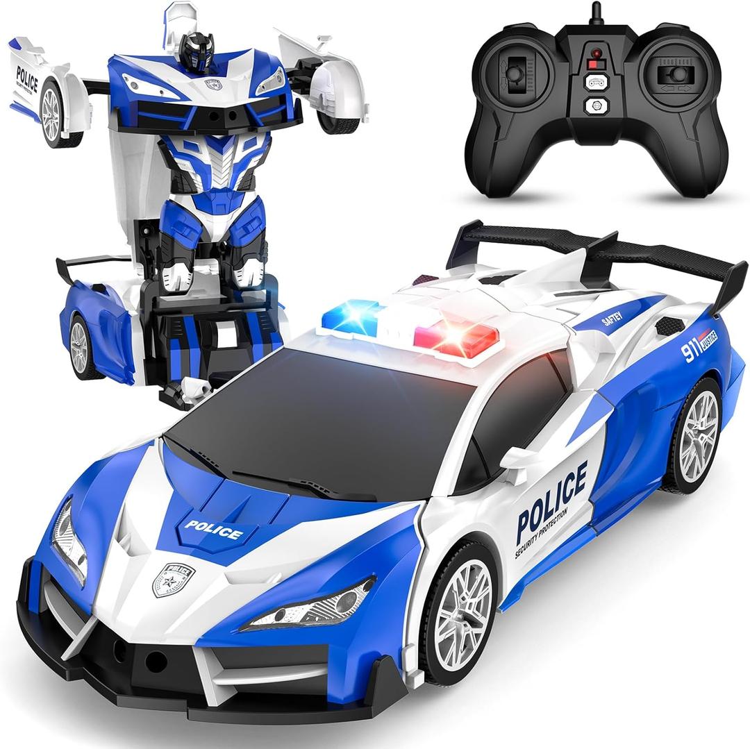 Remote Control Car with One Button Transformation, RC Cars Transforming into Robot, 2.4Ghz 360 Degree Rotation Police Car with Light, 1:18 Scale Transform Toys for Boys Girls Kids 4-7 8-12 6-8 (Blue)
