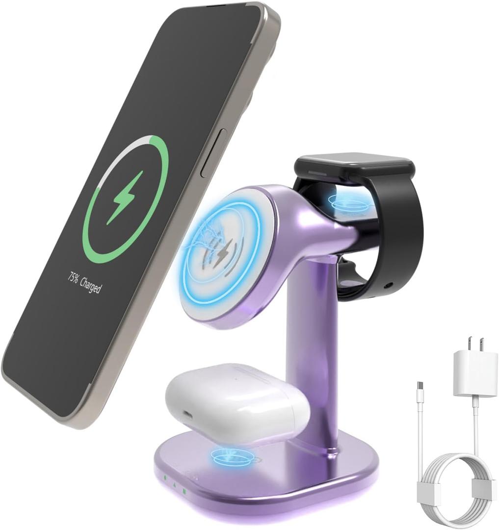 Wireless Charging Station for Magsafe Charger Stand,Fast Wireless Charger for iPhone Stand,3 in 1 Magnetic Phone Charger for Apple Watch,for Airpods,for Magsafe Charging Station (Purple)