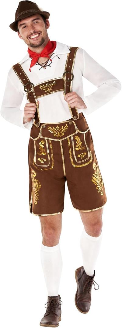 Morph Bavarian Lederhosen Men Costume, Oktoberfest Costumes Mens, Bavarian Costume Mens, Halloween Costumes for Men (Large, Brown)