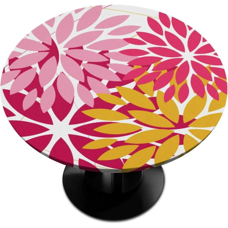 Pink Yellow Round Fitted Tablecloth Elastic Edged Floral Table Cover Waterproof Wipeable Table Cloth Tablecloth Fits Tables up to 45"-52