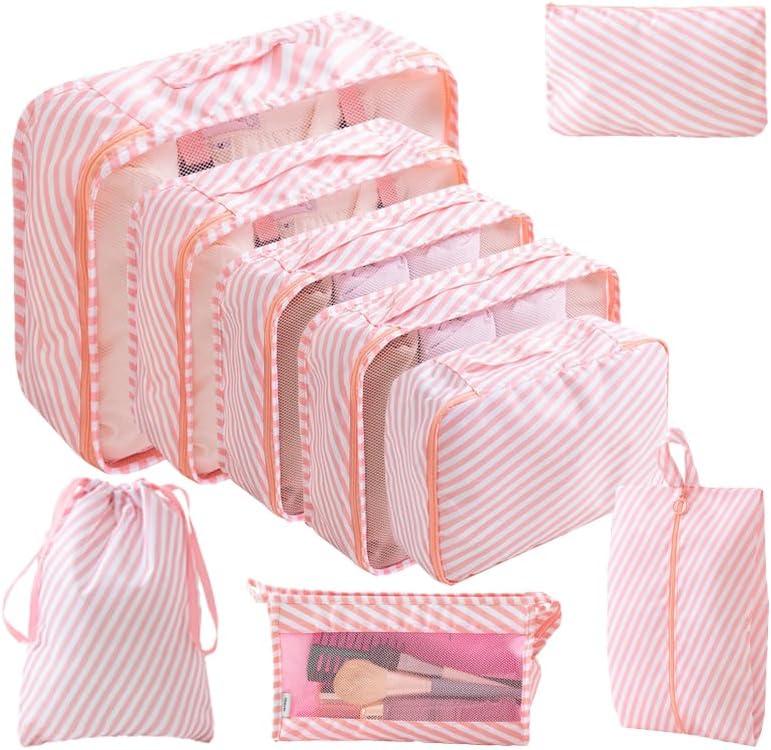 Compression Packing Cubes for Travel, Lightweight Vacation Travel Essentials, Travel Accessories for Suitcase Organizer Bags Set, Durable Luggage Organizer Travel Bags (pink/white 9 set)
