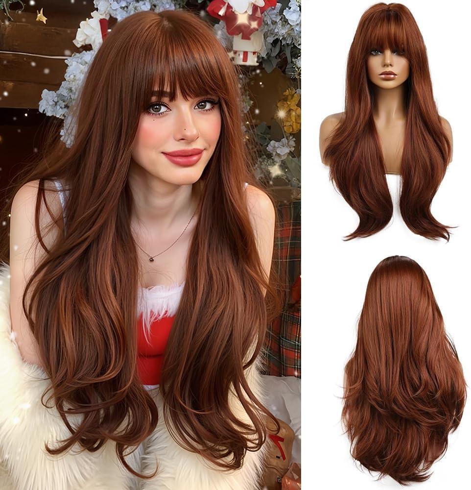 Esmee 26 Inches Long Dark Auburn Wig with Bangs Slightly Curly Hair Ends Natural Synthetic Hair Straight Wigs for Women Daily Party Cosplay Wear