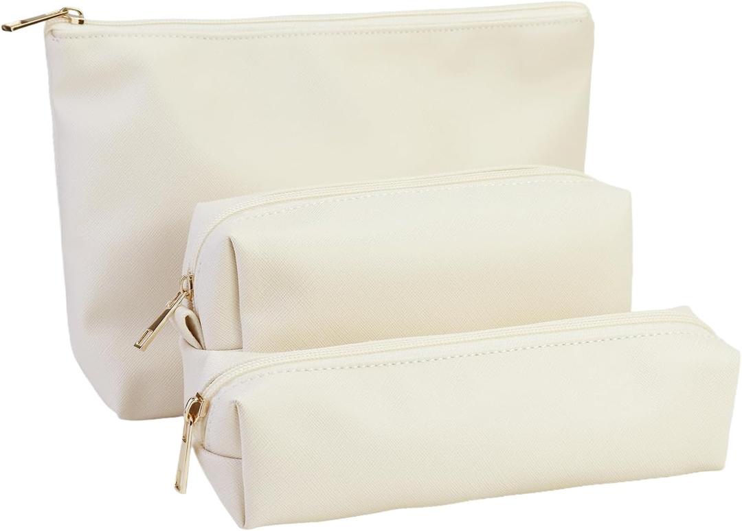 Travel Makeup Bags Set, 3-Piece Large Toiletry Organizer, Multi-Size Cosmetic Bags with Zipper (Beige white)