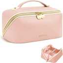 Prite Makeup Bag for Women Travel Waterproof Vegan Leather Cosmetic Bag Open Flat Toiletry Bag With Clear Divider and Handle (Pink) (Medium)