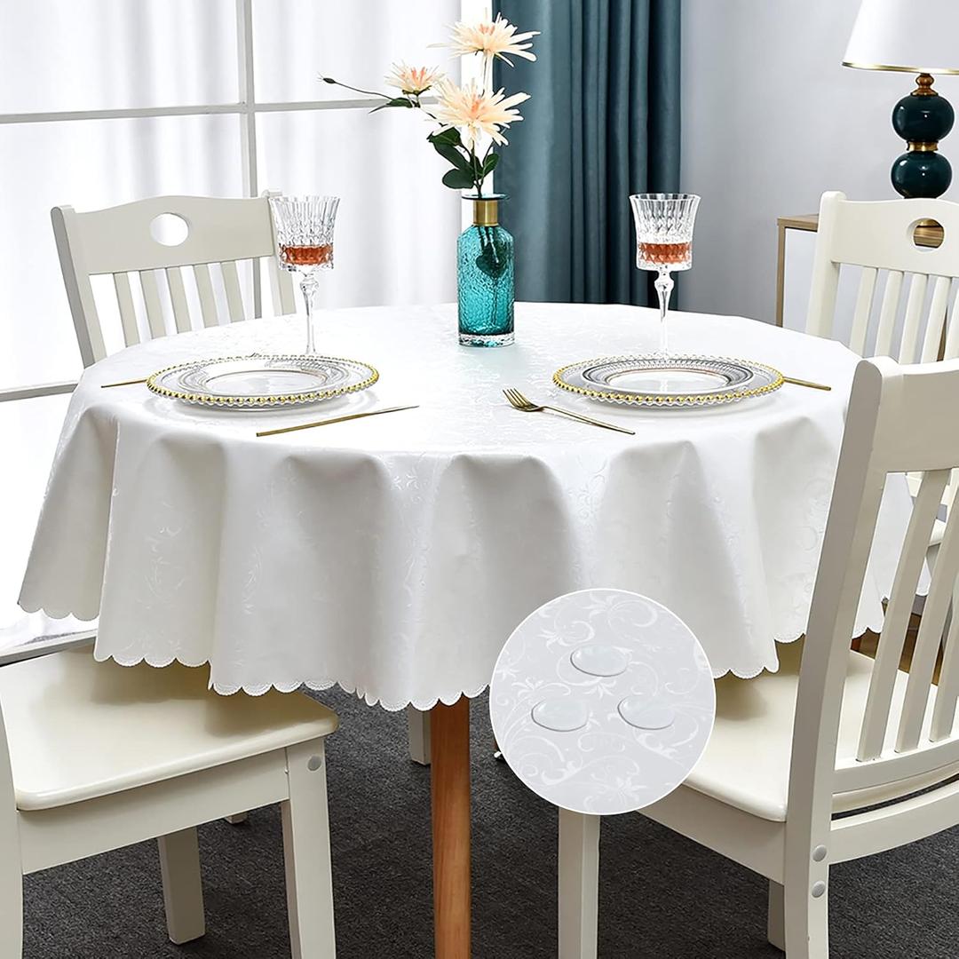 Romanstile Round Vinyl Tablecloth,100% Waterproof Heavy Duty Oil Spill Proof Stain Resistant Plastic PU Table Cover with Flannel Backing for Kitchen & Dining (Flower Ivory, 60" Round)
