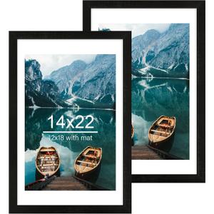 Hongkee 14x22 Picture Frame Set of 2, Rustic Black Wood Style - Display 14 x 22 Picture without Mat or 12x18 Picture with Mat, Wall Mounting Horizontal and Vertical