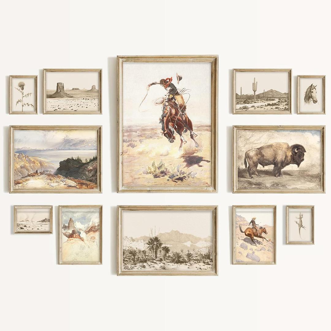 Aroutde Western Cowboy Canvas Wall Art Set, Vintage Western Print Cowboy Rodeo, Desert Landscape, Bison Farmhouse Picture, Rustic Southwest Wall Decor for Bedroom Eclectic Home Bathroom Decorations 12Pcs (Unframed)