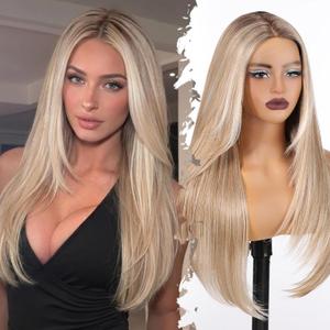 Dirty Blonde Synthetic Lace Front Wig,T Part Pre Cut Glueless Straight Layered Wigs for Women Cosplay Daily Use 26IN(#TT6/1603)
