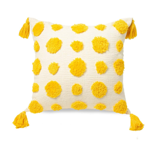 PLWORLD Boho Yellow Throw Pillow Cover 18x18 Inch with Tassels, Pom Pom Tufted Decorative Cream Chenille Fabric Accent Textured Cushion Case for Bed Couch, 1 PC Cover Only No Insert