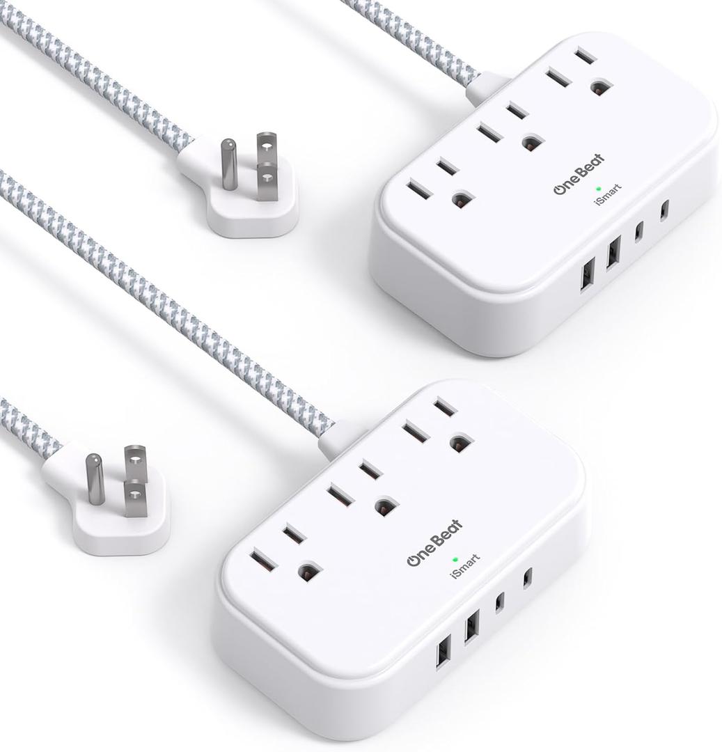 2 Pack Cruise Essentials, 5 Ft Flat Extension Cord, 3 Outlets 4 USB Ports(2 USB C) Flat Plug Power Strip, USB Charging Station with Non Surge Protector for Cruise Ship, Travel, Dorm Room Essentials (White)
