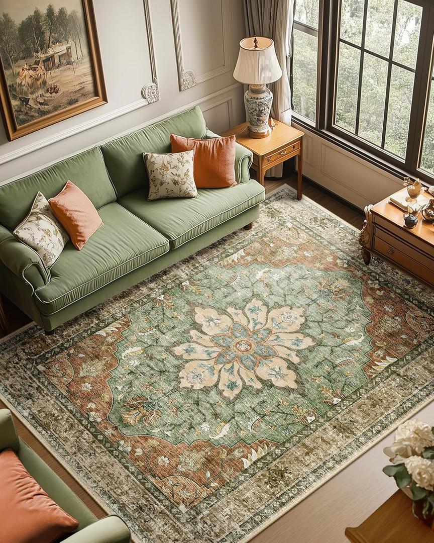 Area Rugs 6'x9' Washable Non-Slip, Floral Vintage Distress Print Pattern Medallion Carpet for Living Room Bedroom Dining Room, Brick Red Rust Neutral Brown Burnt Orange Green