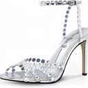 Rhinestone Sandals for Women High Clear Strappy Buckle Stiletto Heels Round Toe Sexy Dressy Sandals Prom Shoes Size 10
